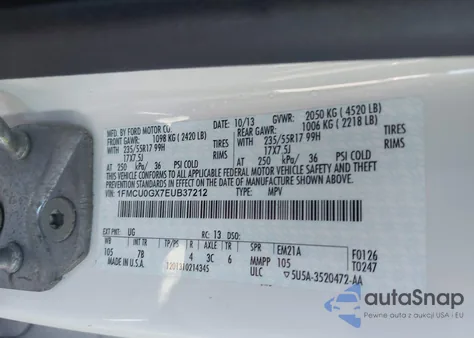 2014 Ford Escape Se z USA, uszkodzony, nr VIN 1FMCU0GX7EUB37212